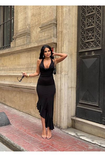 Stil Sepeti Rochie midi cu volane pentru femei, neagră, cu guler Degaje, cu spatele deschis, fustă decoltată ELY-10001702