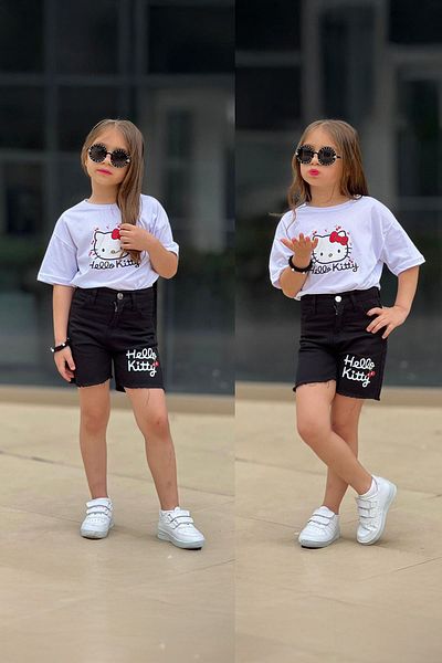 Minigimin Cicileri Miniğimin Cicileri Hll Kty Printed Denim Shorts Girls 2-Piece Set - White