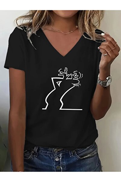 WOODROFFE Γυναικείο μπλουζάκι Mr. Curious με γραφικό στάμπα με λαιμόκοψη V με...