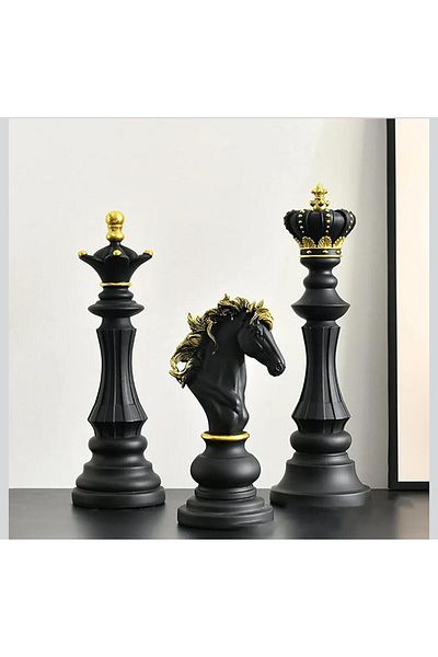 Generic Chess Statues Set of 3 – King Queen Knight Resin Sculptures – Vintage Decor for Home or Office