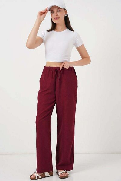 Aymood Wide Leg Linen Trousers 6735 - Claret Red