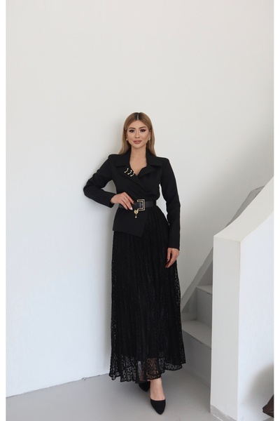 1Moda1Tarz Kadın İthal Kumaş Yaka Aksesuar Detay Kemerli Alt Güpür Özel Tasarım Elbise