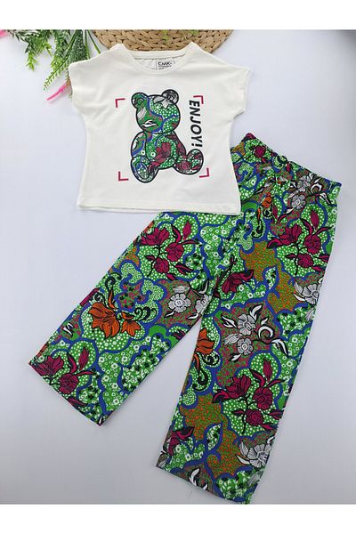 Cmk Kids club Girls' Pants T-Shirt Double Set Summer Green Orange Pink Blue Burgundy Color Options