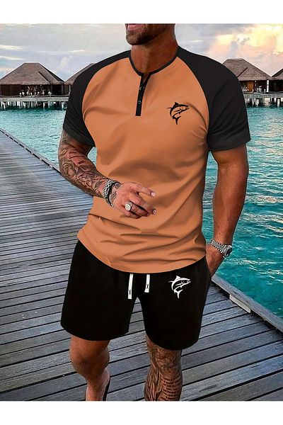 aynewmoda Casual summer suit for men with a simple print, short sleeves and shorts