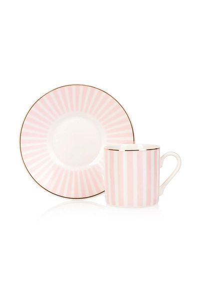 LC Waikiki Line Patterned Porcelain Coffee Cup Set for 2 Pink White - 90 ml