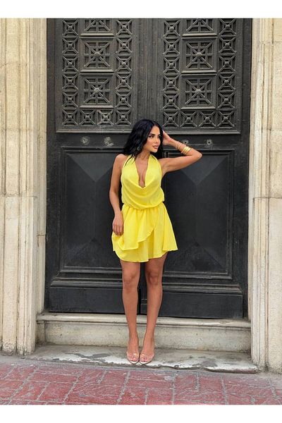 Stil Sepeti Rochie mini galbenă Degaje pentru femei, cu guler Halter, cu spatele deschis, cu pantaloni scurți ELY-10001705
