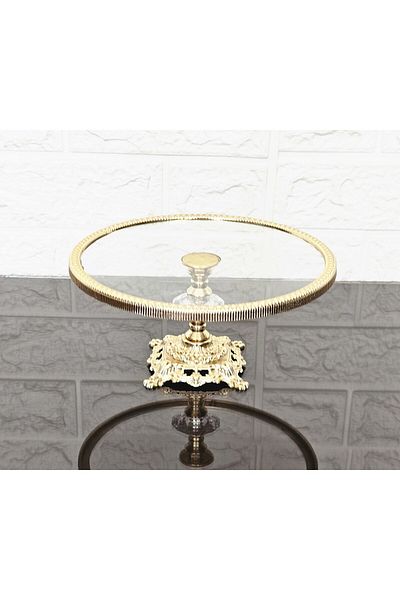 atabey home Glass Round Small Serving Plate 20 cm - Presentation Cast Gold Frame and Cast Foot