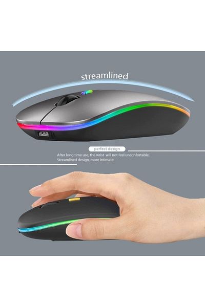 ABYZ Wireless RGB Gaming Mouse Bluetooth 5.1 & 2.4GHz USB Charging Silent Ergonomic Adjustable DPI Gray