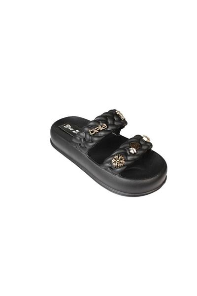 Yaz Kış Ayakkabı Yazkiş Women's Black Cream Green Gray Double Striped Rubber Sea Beach Pool Slippers with Stones on Top