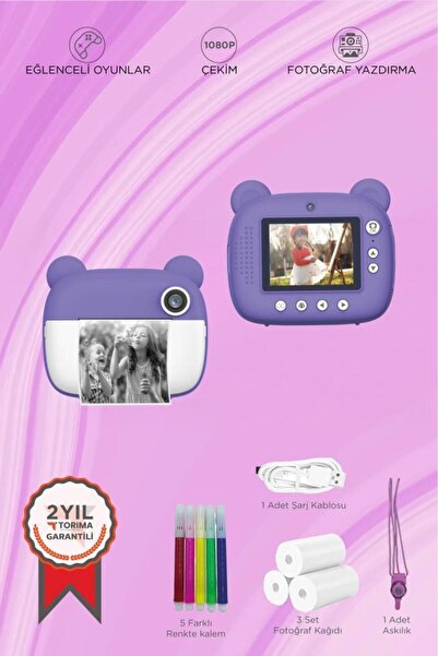 Torima Dijital Fotoğraf Makinesi Çocuk Termal Resim Kağıt Baskılı Yazıcı Kamera Makinesi CMR14 Mor