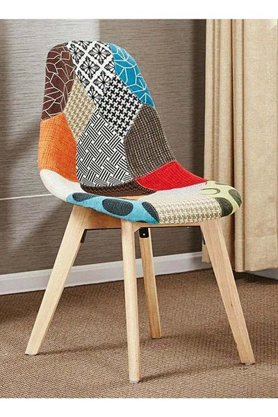 Taimi Upholstered Patch Work Fabric Dining Chair with Armless |Solid Wood Modern Design Chair