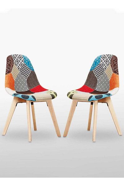 Taimi Pack of 2 Upholstered Patch Work Fabric Dining Chair with Armless |Solid Wood Modern Design Chair