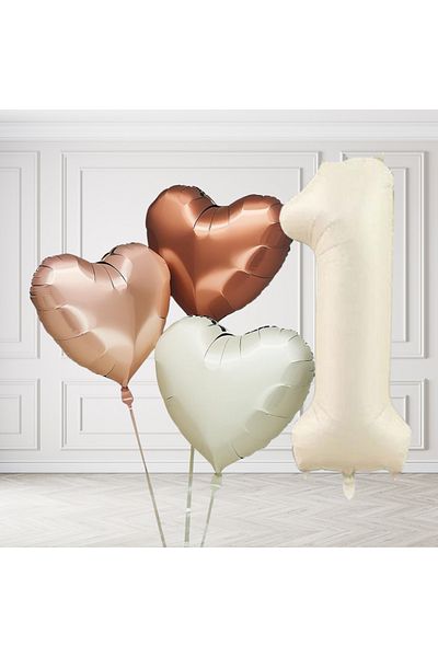 tedaks 1 Year Old Retro Cream Beige Brown Heart Balloons Set Birthday Balloon with Cream Figures Stylish Party Ornament