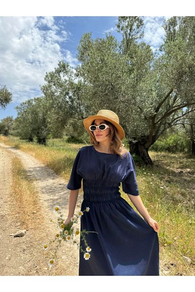Kadınle Linen Short Sleeve Long Dress - Navy Blue