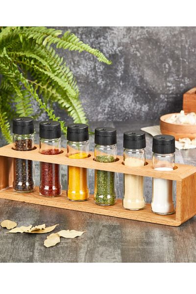 Rapt Set of 6 Glass Spice Jars with Wooden Stand Spice Set 105 ml