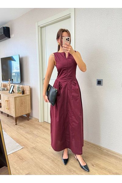 Aymood Rochie lungă fără mâneci cu fermoar în față - burgundă