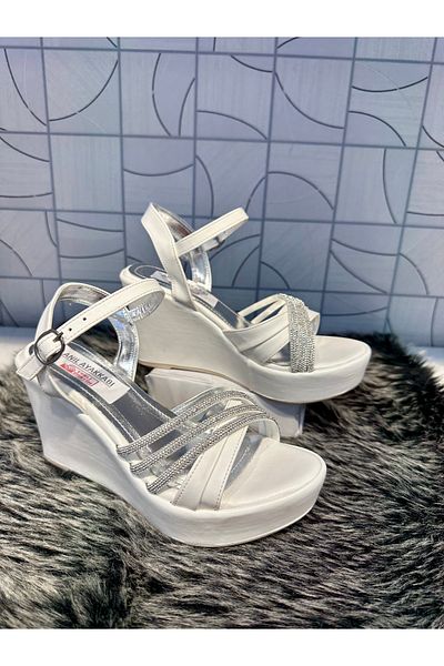 Anıl Ayakkabı Ves 670 Women's White Skin Cross Three Stripes Stone Detail Laced Wedge Heel Daily Evening Dress Stylish Shoes
