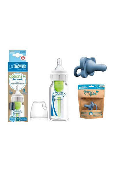 Dr.Brown's Dr. Brown's Narrow Mouth 120 ml Anti-Colic Options+ Glass Feeding Bottle + Happy Paci Pacifier (0-6Months)Set
