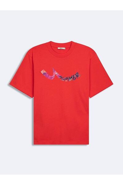 Ltb Tricou roșu obișnuit cu mânecă scurtă cu imprimeu Sıgn