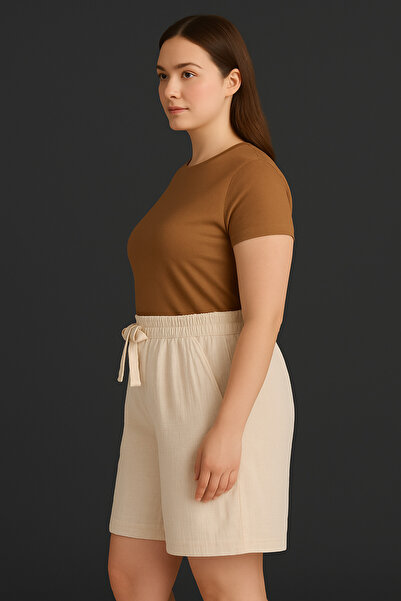 Çeşme Home 100% Cotton Muslin Fabric Summer Loose Women's Shorts – Pocketed, Belted, Relaxed Fit