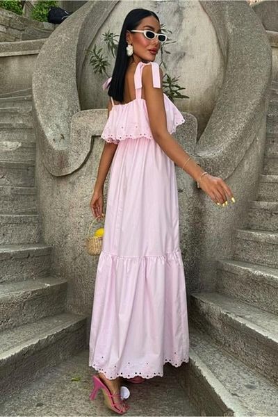 MAUN COLLECTION Modavera Hem Brode Embroidery Halter Dress 2881
