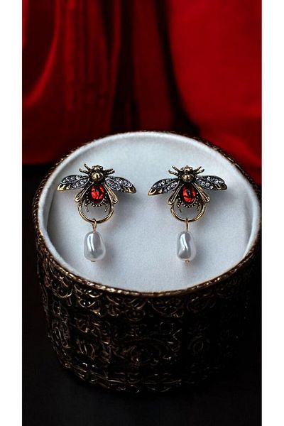 MIRADA JEWELRY Vintage Pearl Zircon Stone Bee Earrings