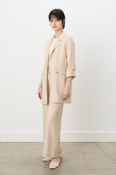 Nihan Elastic Waist Wide Leg Trousers Beige