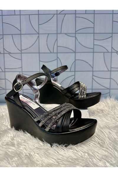 Anıl Ayakkabı Ves 670 Women's Black Skin Cross Three Stripes Stone Detail Laced Wedge Heel Daily Evening Dress Stylish Shoes