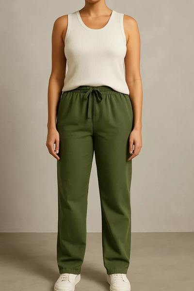 MYRAB DENİM Baggy Linen Women's Trousers Dark Khaki