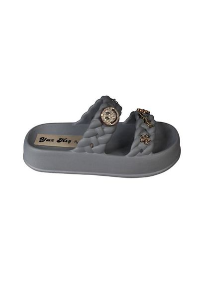 Yaz Kış Ayakkabı Yazkiş Women's Black Cream Green Gray Double Striped Rubber Sea Beach Pool Slippers with Stones on Top