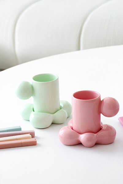 SİNEM YAMAN HOME BULUT YEŞİL VE PEMBE 2Lİ EL YAPIMI SERAMİK FİNCAN TAKIMI