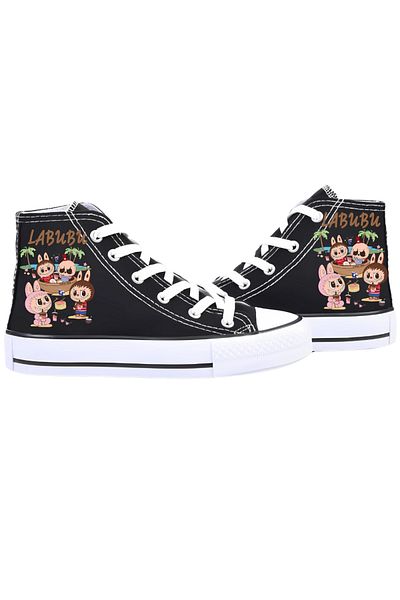 MECH BUTİK Labubu Printed Black Unisex Women'S/Men's High Top Linen Shoes Sneaker