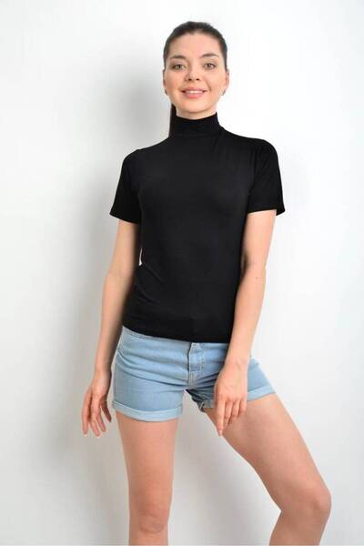 Star تي شيرت كوتا أسود للنساء بياقة صياد وتصميم كيساكول