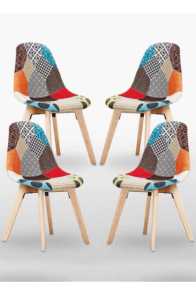 Taimi Pack of 4 Upholstered Patch Work Fabric Dining Chair with Armless |Solid Wood Modern Design Chair