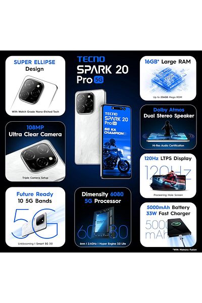 TECNO Spark 20 PRO 5G Smartphone, 8GB+256GB| 108MP Ultra Clear Camera | Super Ellipse Design | MTK D
