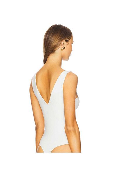 AFR CLOTHES Women's White V-Neck Back Decolate Double Layer Jersey Fabric Bodysuit
