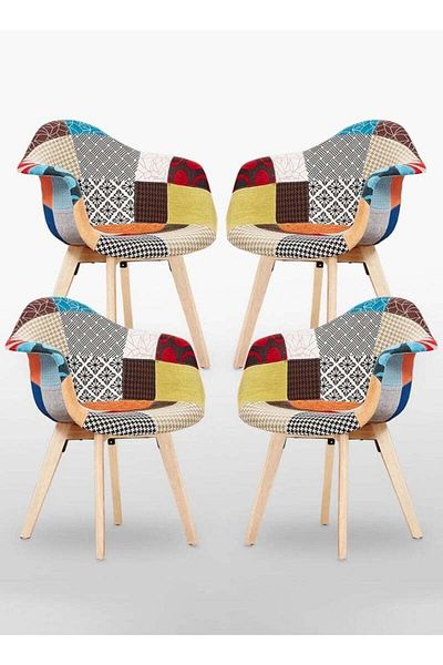 Taimi Pack of 4 Multi-Purpose Chair Made Of Beech Wood And Lined With Comfortable Multicolored Fabric