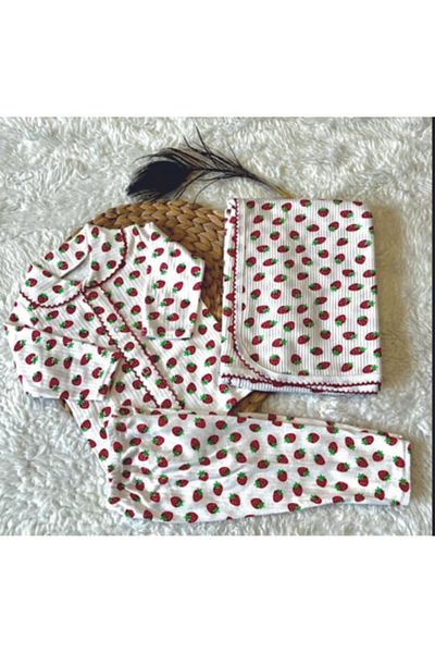 Baby Wings Strawberry Printed Pajama Set and Blanket Set