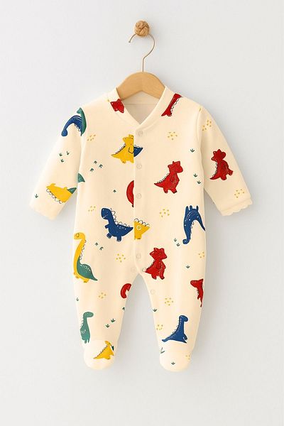 Minytrendy Newborn Baby Boy Jumpsuit Dinosaur Patterned Jumpsuit with Snap-On Booties Hospital Release Baby Gift