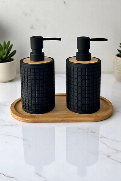 Tilbe Home Σετ 2 ρετρό στυλ δοσομετρητής υγρού σαπουνιού 500ml Κουζίνας Μαύρα Πιάτα Χεριών Τετράγωνο Σετ με Στάντ Μπαμπού