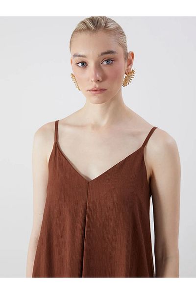 LC Waikiki Lcw Vision Brown V-Neck Textured A-Line Dress