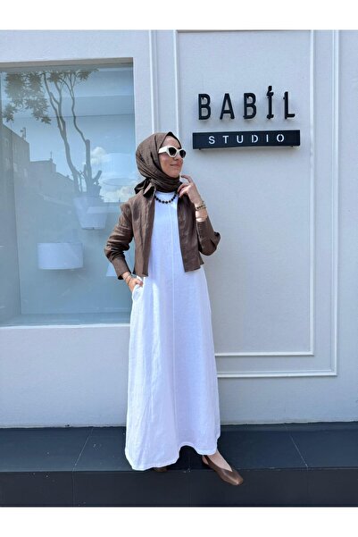 Babil Butik TD3562 Terzi Dükkanı Kolsuz Keten Elbise Beyaz