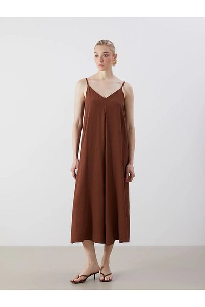 LC Waikiki Lcw Vision Brown V-Neck Textured A-Line Dress