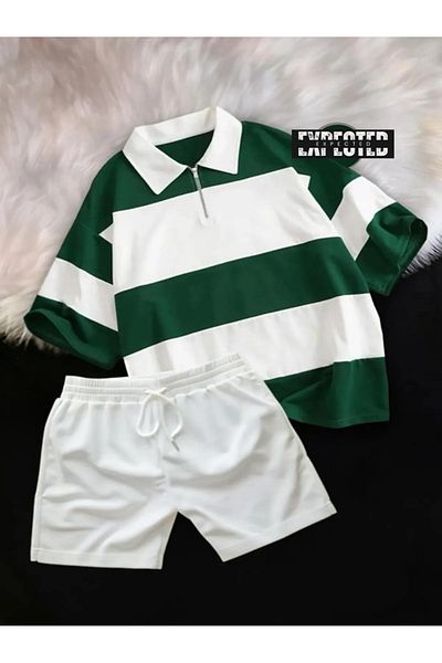 EXPECTED Unisex Piece Polo Neck Half Zipper T-Shirt Shorts Set-Oversize 2-Piece Shorts - T-Shirt Set