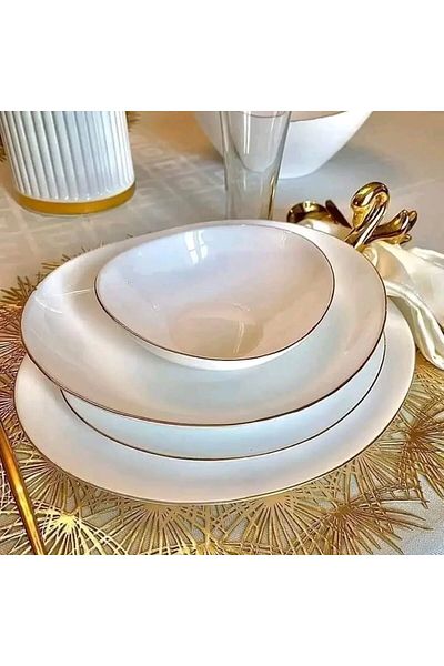 Houzi 24 Pcs Dinner Set Gold line Opal Glassware Microwave Dishwasher Safe