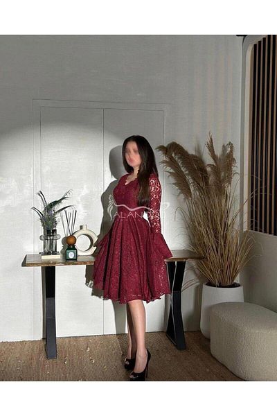 ALANOOD FASHION Short burgundy lace dress for Eid, elegant design