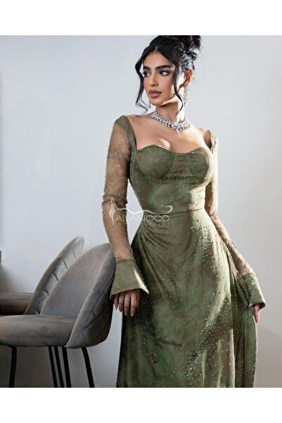 ALANOOD FASHION Emerald green dress with crystal stones in an elegant design