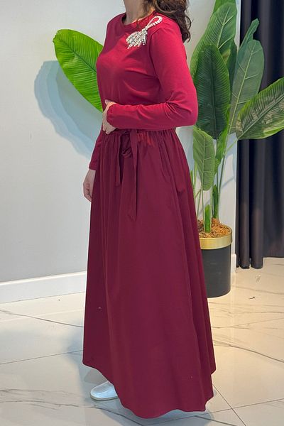 Missemramiss Stone Embroidered Comfort Dress 4762 Burgundy