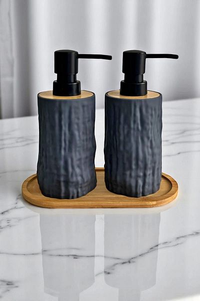 Tilbe Home Σετ 2 μπαμπού με λεπτομέρειες δοσομετρητής υγρού σαπουνιού 500ml Κουζίνα Μπάνιο Πέτρινο Σετ πιάτων με βάση μπαμπού