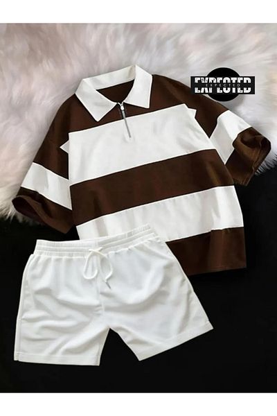 EXPECTED Unisex Piece Polo Neck Half Zipper T-Shirt Shorts Set-Oversize 2-Piece Shorts - T-Shirt Set
